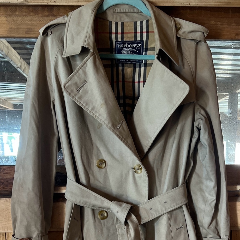 Burberry Tan Trench Coat with Belted Waist and Storm Flap